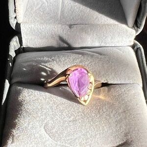 10k Gold Pear Cut Amethyst with Accent Diamonds. Size 6.